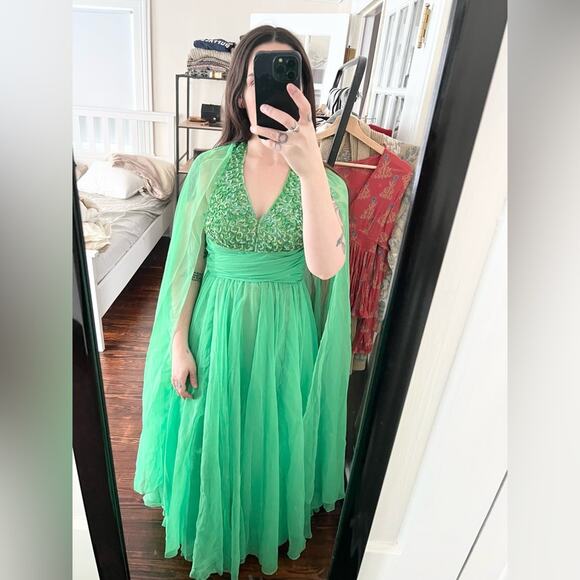Vintage Mike Benet green sequin cape gown dress prom formal gala event - Picture 1 of 16
